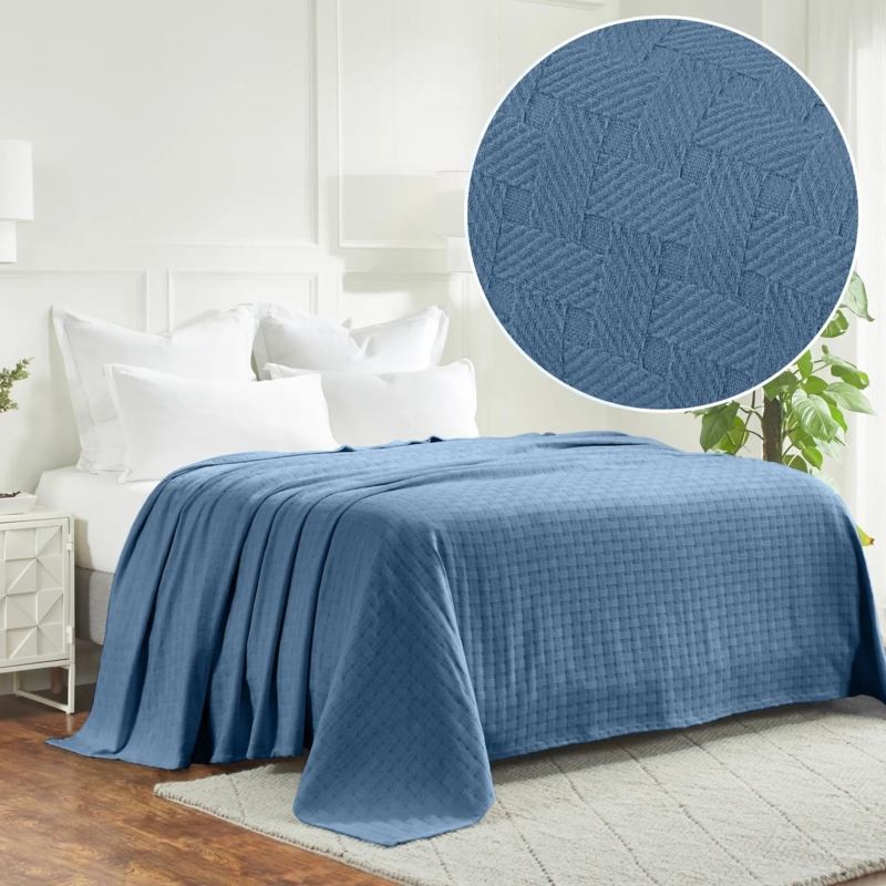 Blanket Denim Blue Basketweave Woven Cotton Modern Coastal Decor