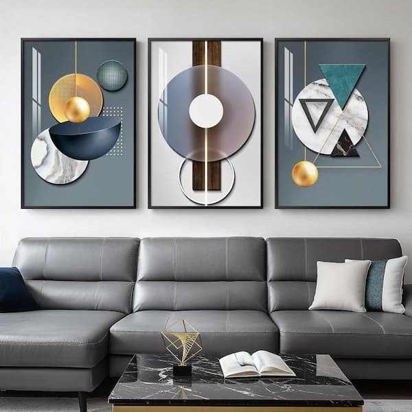 Blue And Gold Wall Art Set, Integrated Marble Texture Triptych