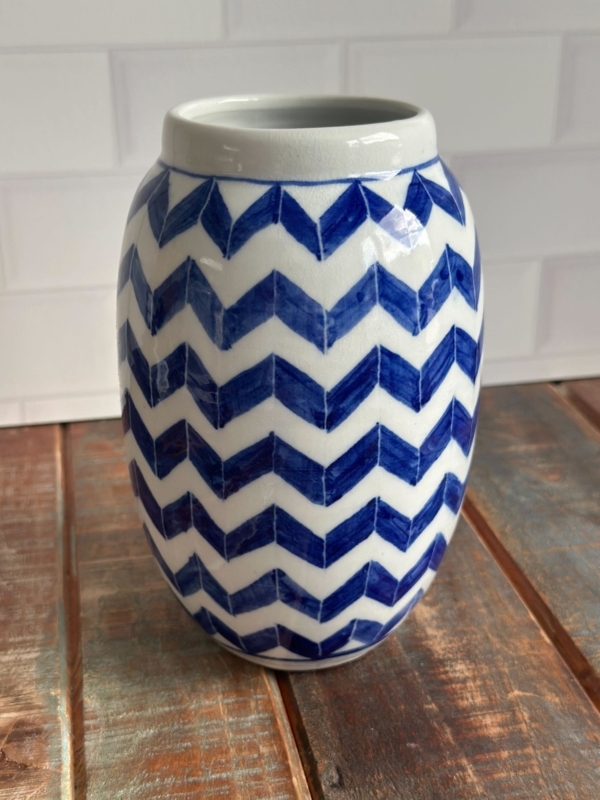 Blue and White Chevron Vase: Porcelain Ovoid Silhouette. Coastal style decor.