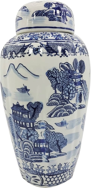 Blue And White Ginger Jar Decor featuring landscape pattern in urn style.