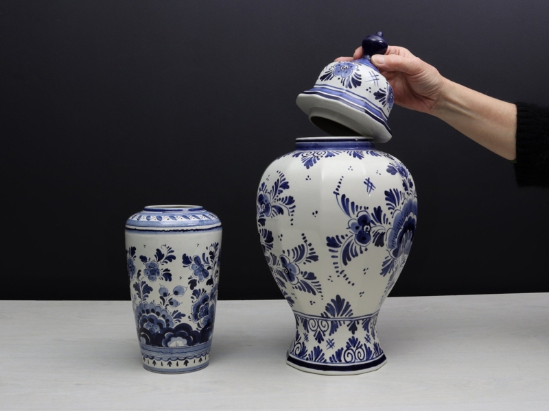 Blue and White Vase Set Delft Pottery Traditional Floral Ceramic Jars