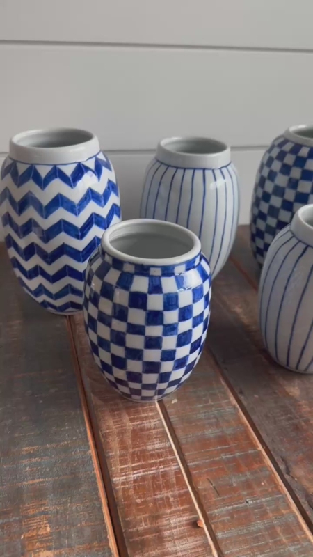 Blue and White Vases: Mismatched Geometric Set. Coastal ceramic vase set.