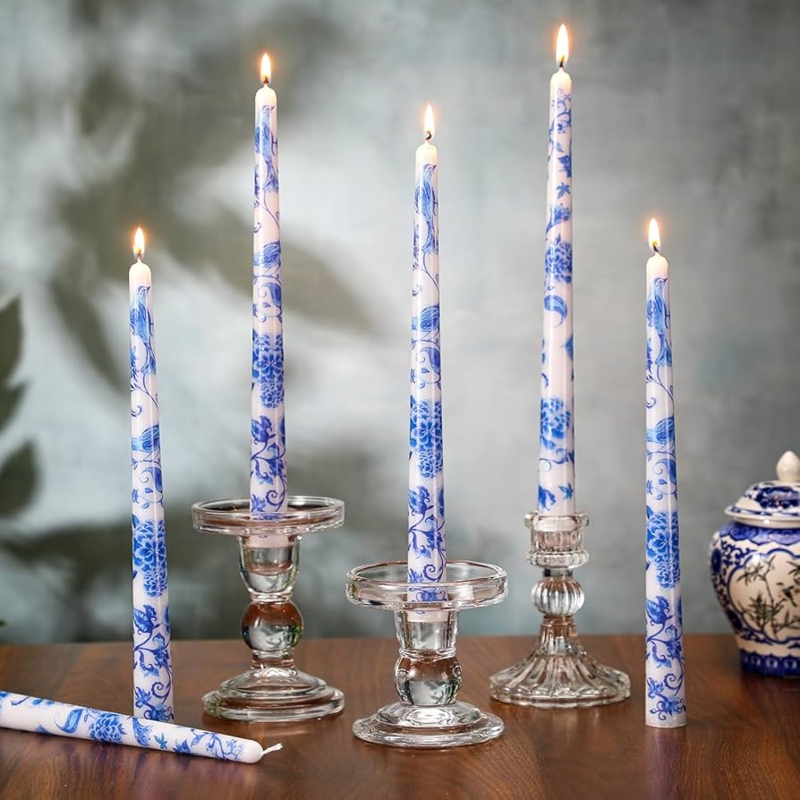 Blue Floral Pattern Taper Candles with Chinoiserie Aesthetic