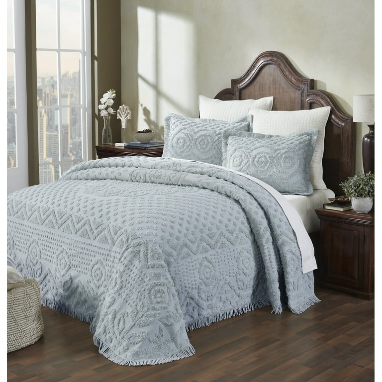 Blue Heirloom Chenille Bedspread Set, Tufted Medallion Fringe