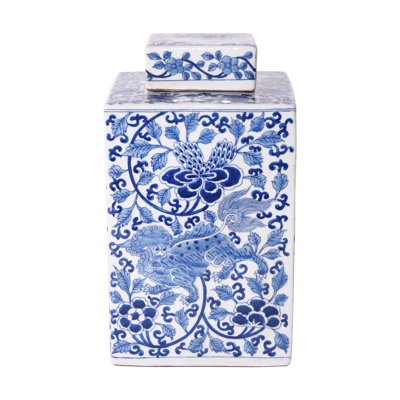 Blue White Chinoiserie Decorative Jar Mythical Motif Urn