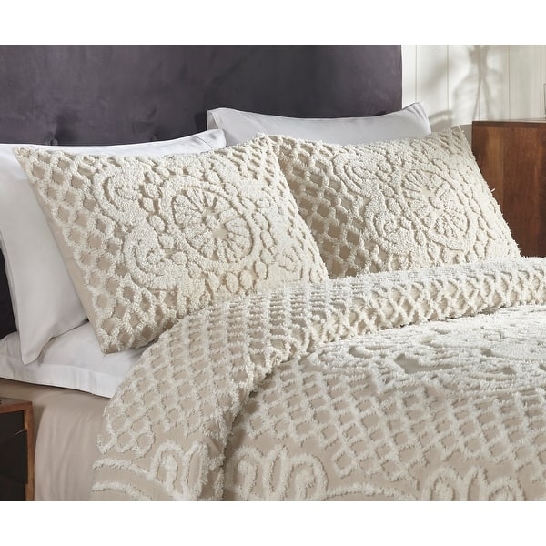 Blush Pink Chenille Bedspread Set, Tufted Medallion & Scrollwork