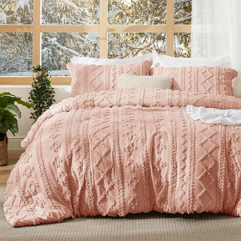 Blush Pink Comforter Set with Tufted Embroidery, Shabby Chic Bedding