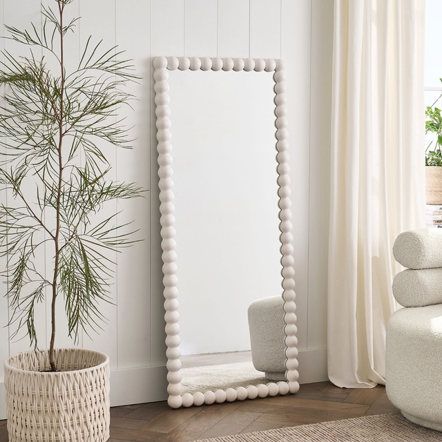 Bobbin Frame Floor Mirror Styling Beaded Trim Cream Finish Organic