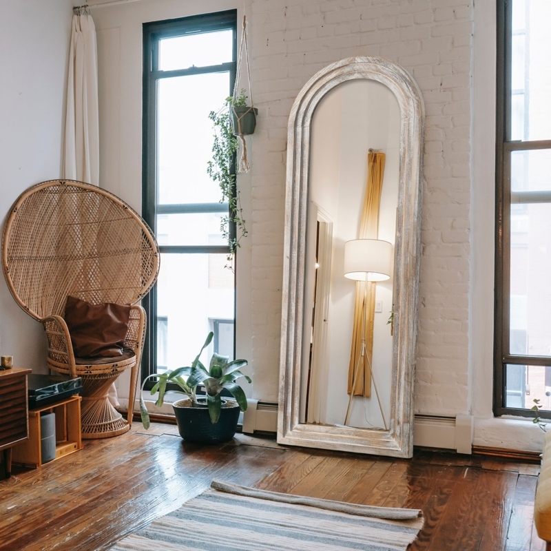 Bohemian Arched Floor Mirror Distressed Whitewash Finish