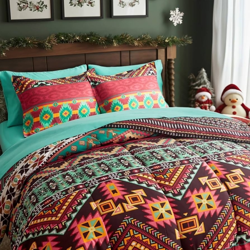 Bohemian Bedding Set with Concentric Mandala Print and Teal Sheets