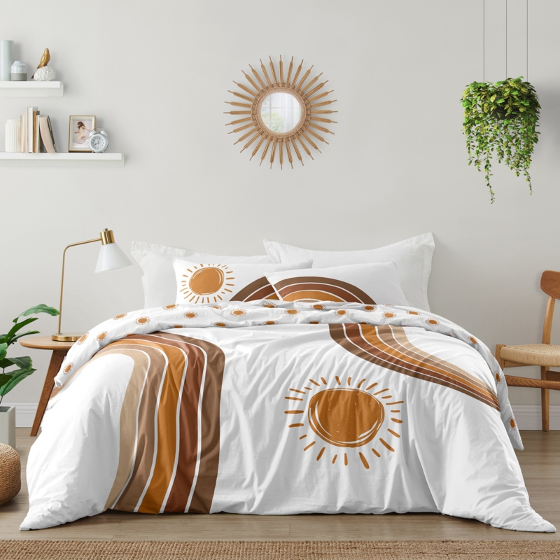 Boho Bedding Set with Sunburst Pattern, Pumpkin Orange and White, Earthy.
