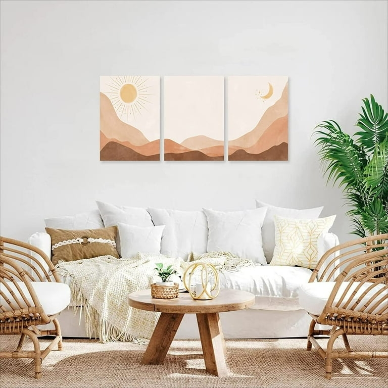 Boho Mountain Landscape Wall Art, Triptych with Celestial Elements