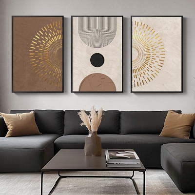 Boho Wall Art Set, Gold Sunburst Triptych, Modern Geometric Canvas