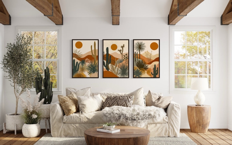 Boho Wall Art Triptych, Desert Landscape with Cactus Motif
