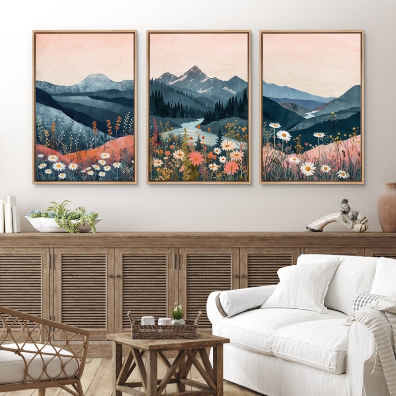 Boho Wall Art Triptych Set, Wildflower Mountain Landscape Prints