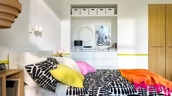 Bold Black and White Pattern Bedroom with Recessed Wall Niche