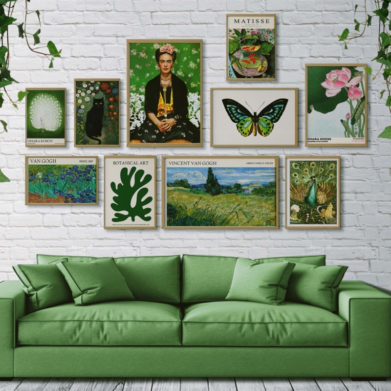 Botanical Gallery Wall Set of 10 Framed Prints over Green Sofa