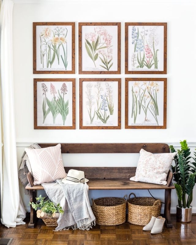 Botanical Gallery Wall, Six-Print Grid over Wood Bench