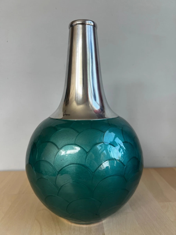 Bottle Vase Scalloped Teal Body Polished Silver Neck Glam Accent