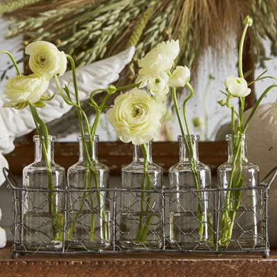 Bottle Vase Set Clear Glass Wire Caddy Metal Carrier Farmhouse Style