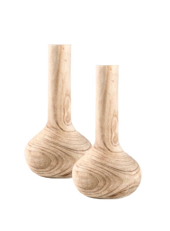 Bottle Vase Set of 2 Natural Finish Concentric Rings Wood Grain