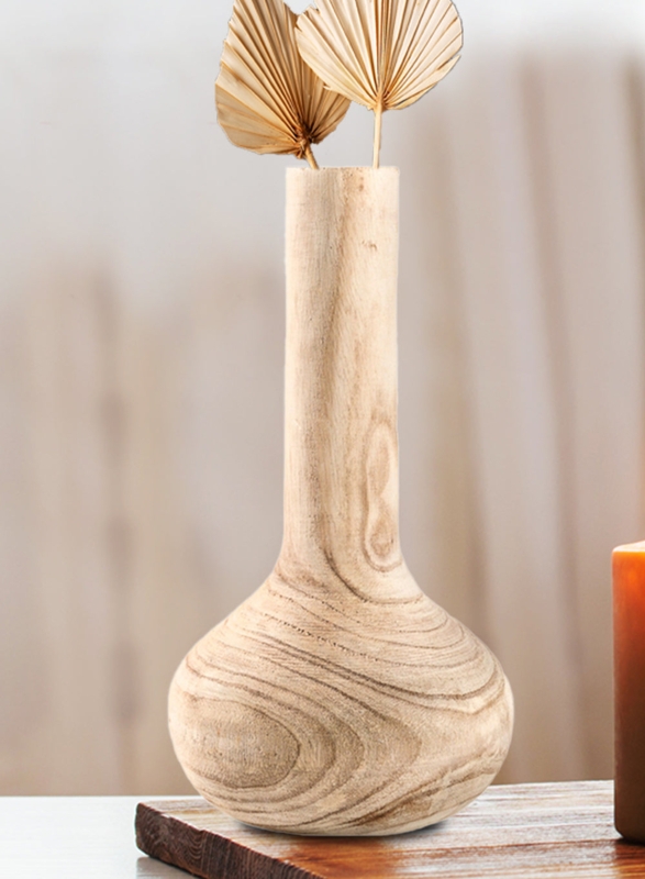 Bottle Vase Swirling Wood Grain Natural Finish Bulbous Base