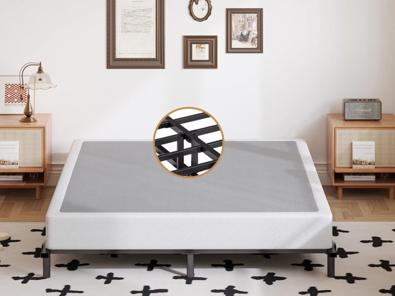 Box Spring: 5 Inch Height White Fabric Heavy Duty Steel Bed Base