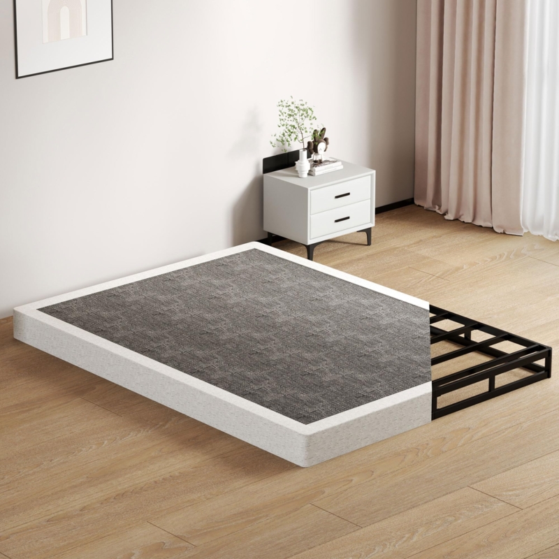 Box Spring: Low Profile Upholstered Base with Sturdy Black Metal Grid