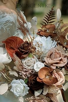 Bridal Bouquet Boho Walnut Brown Artificial Roses with Dried Foliage
