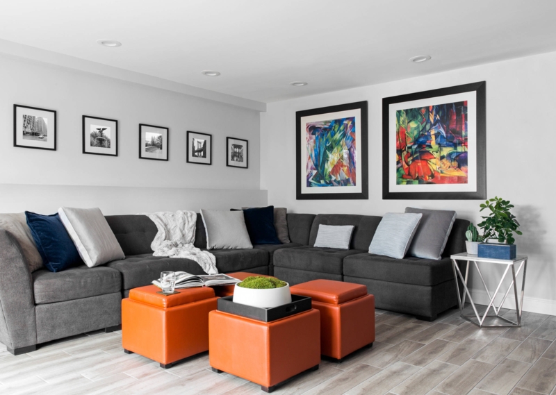 Bright Orange Ottoman Coffee Table with Gray Plank Tile Flooring