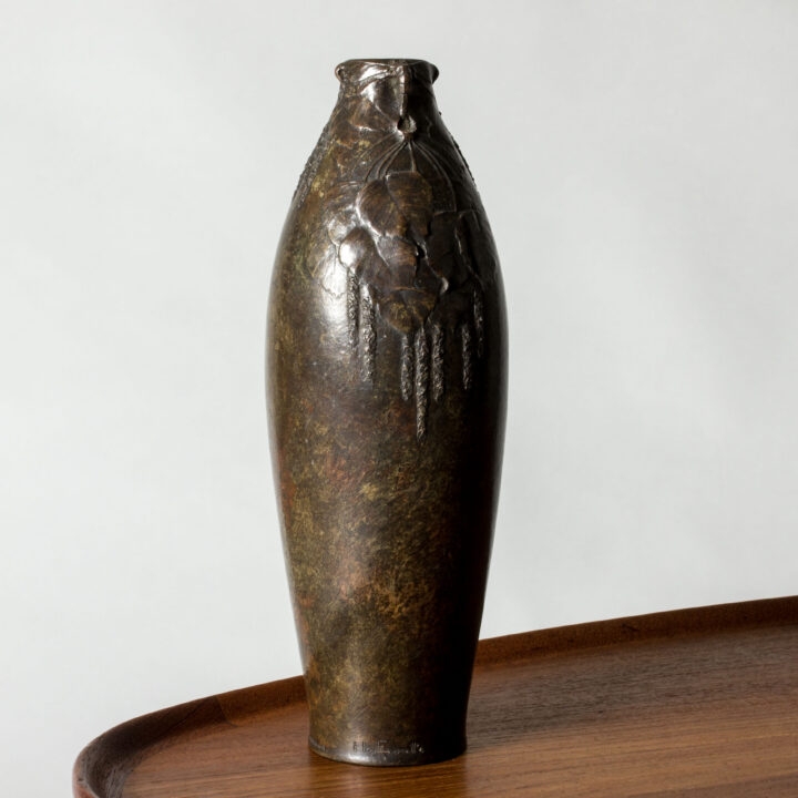 Bronze Vase, Botanical Relief, Patinated Finish, Tapered Metal.