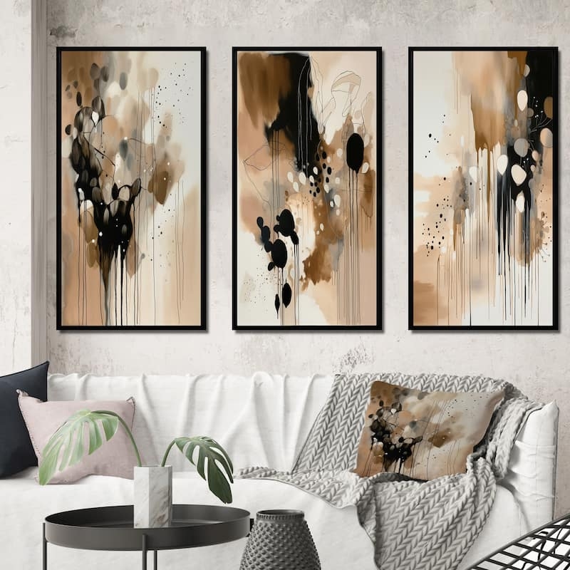 Brown Wall Art Set, Organic Drip Paint Motif Triptych