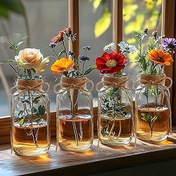 Bud Vase, Clear Glass with Twine Wrapped Neck on Rustic Windowsill