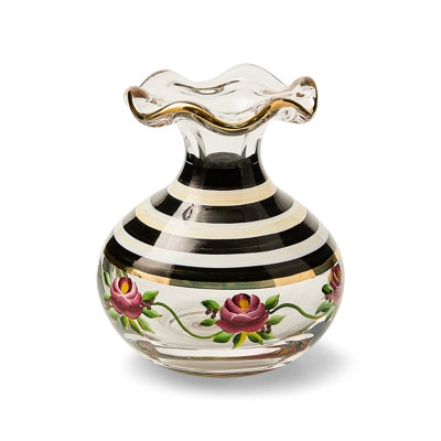 Bud Vase: Ruffled Rim, Hand Painted Roses, Black White Stripes, Vintage