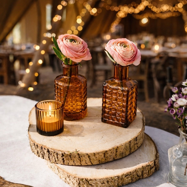Bud Vase Set, Amber Glass with Wood Slice Riser for Rustic Barn Wedding