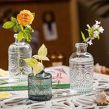 Bud Vase Set Clear Green Tint Embossed Glass Miniature Charming Bottles