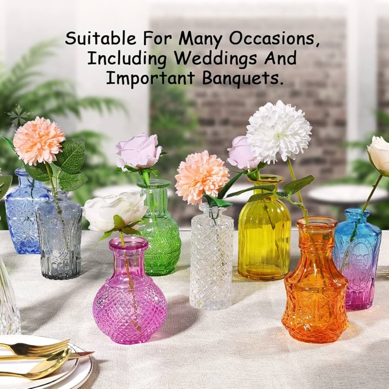 Bud Vase Set Colorful Glass Embossed Textures Assorted Rustic Shapes