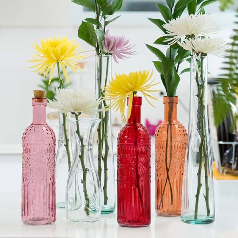 Bud Vase Set Embossed Glass Vibrant Colors Vintage Boho Chic