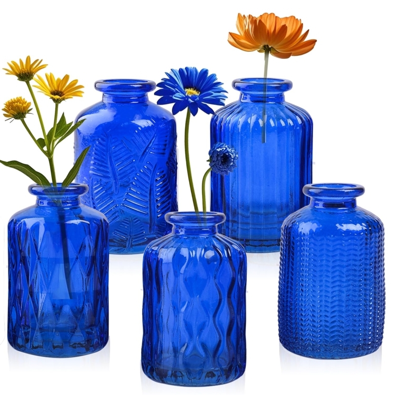 Bud Vase Set Five Cobalt Blue Glass Assorted Textures Coastal Eclectic