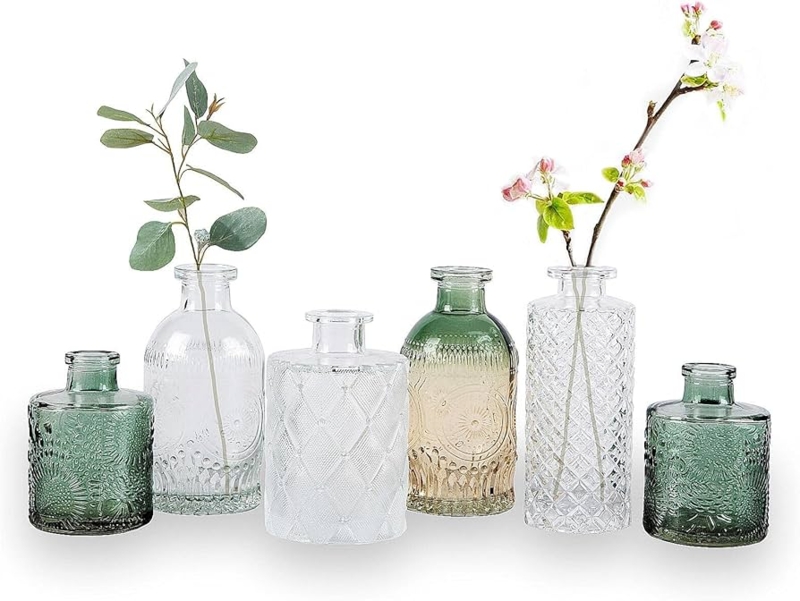 Bud Vase Set Green Gradient Embossed Glass Vintage Apothecary