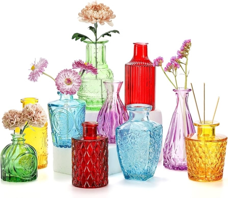 Bud Vase Set Jewel-Toned Glass Assorted Shapes Vintage Embossing