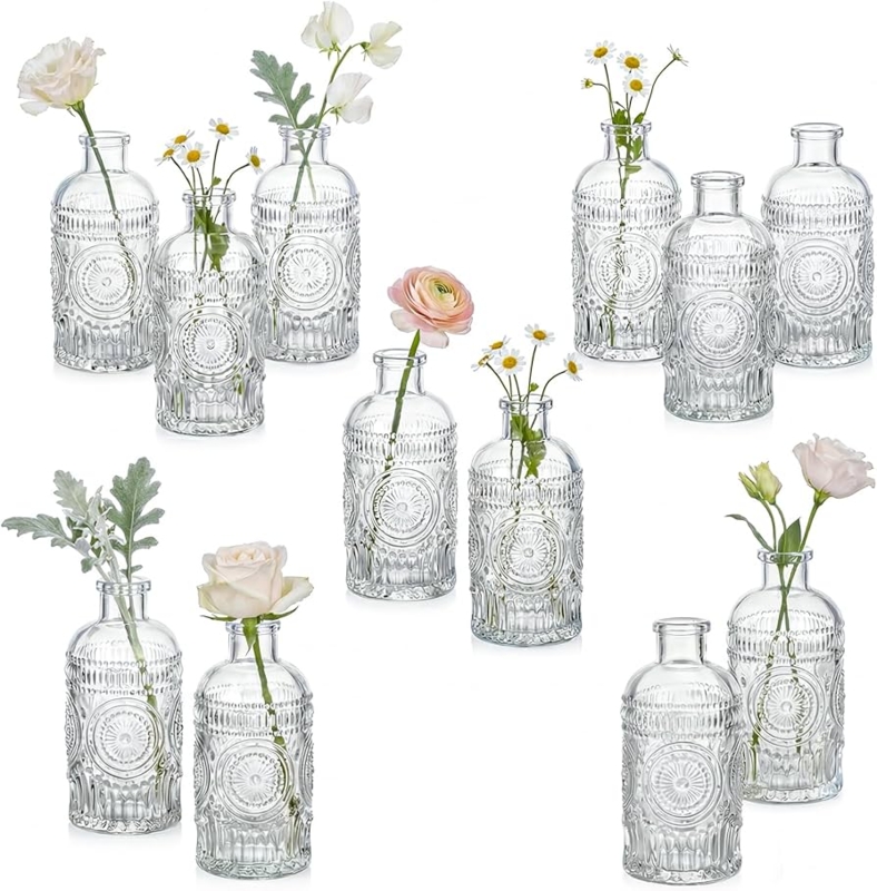 Bud Vase Set Mini Embossed Glass Bottle Silhouette Cottagecore Style