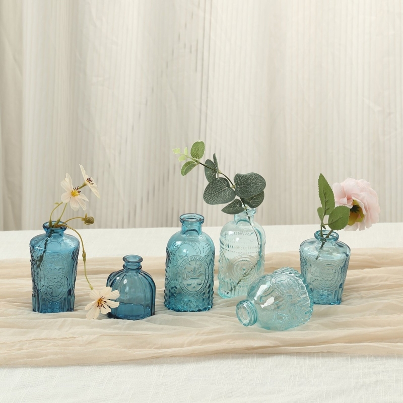 Bud Vase Set Mixed Blue Embossed Glass Vintage Cottagecore Tabletop