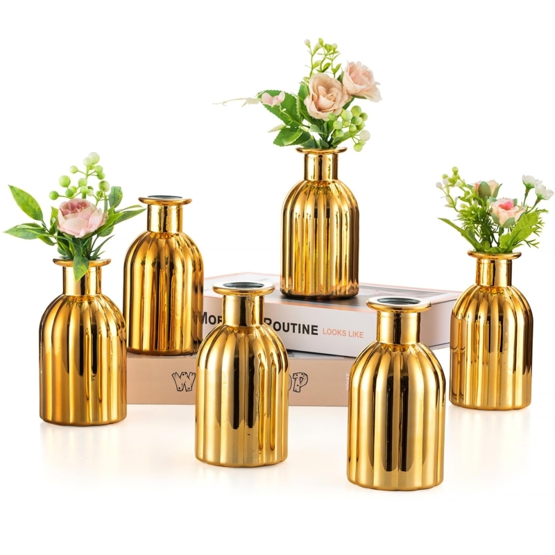 Bud Vase Set Polished Gold Ribbed Surface Elegant Wedding Decor