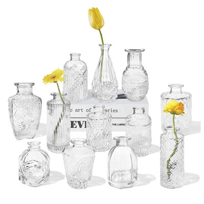 Bud Vase Set Twelve Piece Assorted Textured Glass Vintage Boho Style