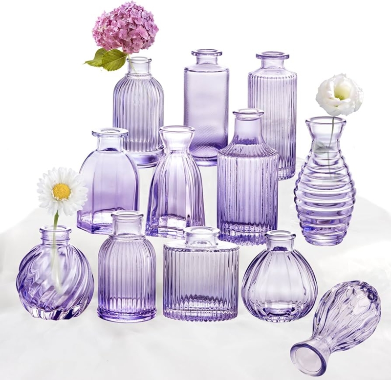 Bud Vase Set, Vintage Inspired Lavender Glass, Ribbed Textures