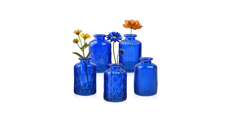 Bud Vase Set with Varied Relief Textures, Glossy Cobalt Blue Glass Vases