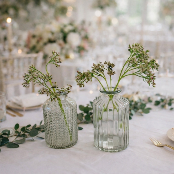 Bud Vase, Textured Glass Grouping with Minimalist Botanical Accents