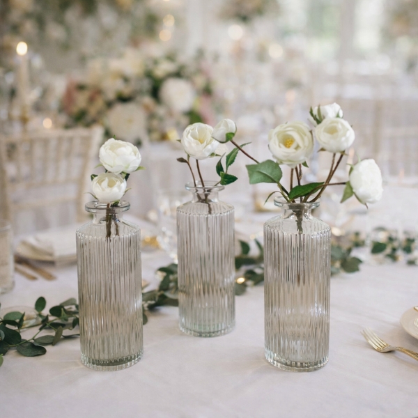 Bud Vase Trio, Clear Ribbed Glass Bottle Silhouette for Elegant Decor