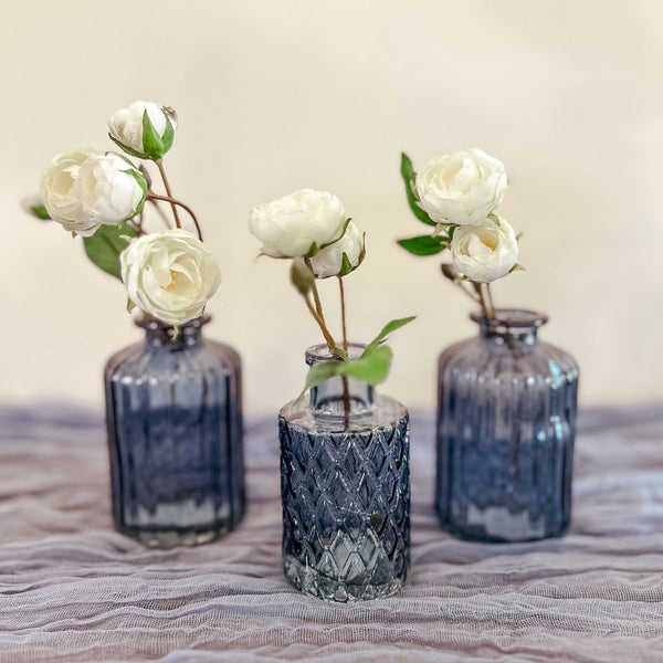 Bud Vase Trio, Textured Blue Glass Bottles for Vintage Cottage Style Decor